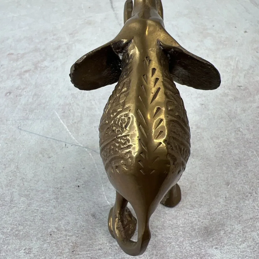 Vintage Small Solid Brass Elephant Raised Trunk Embossed Ornate‎ MCM Figurine